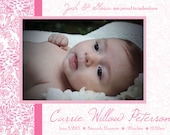 Baby Girl Birth Announcement, Pink and Floral Pattern, Custom Printable Design