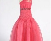 Cute One Shoulder Organza Beaded Ball Gown Girls Party Dress Flower Girls Dress Pageant Gown