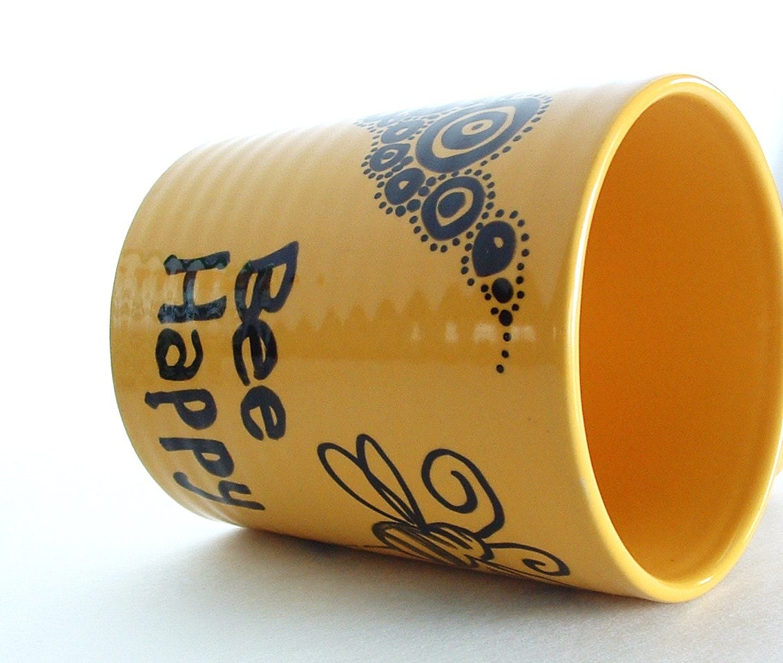 Coffee Mug Hand Painted Yellow Ceramic Cup HAPPY HONEY BEE nature inspired - ThePaintedMug