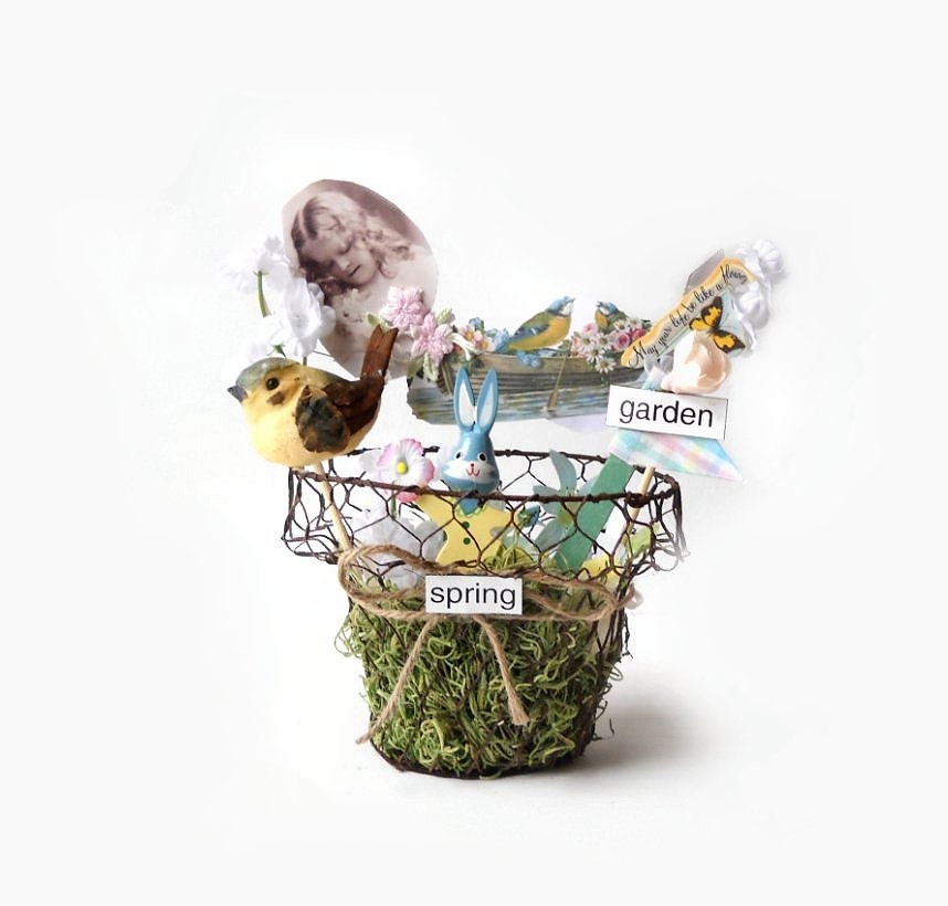 Spring Art Assemblage - Victorian Easter Decoration - Garden Wire Basket Centerpiece
