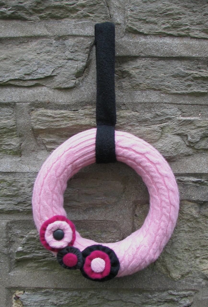 Textured Light Pink Recycled Felted Cable Sweater Wreath with Handmade Flowers 12"