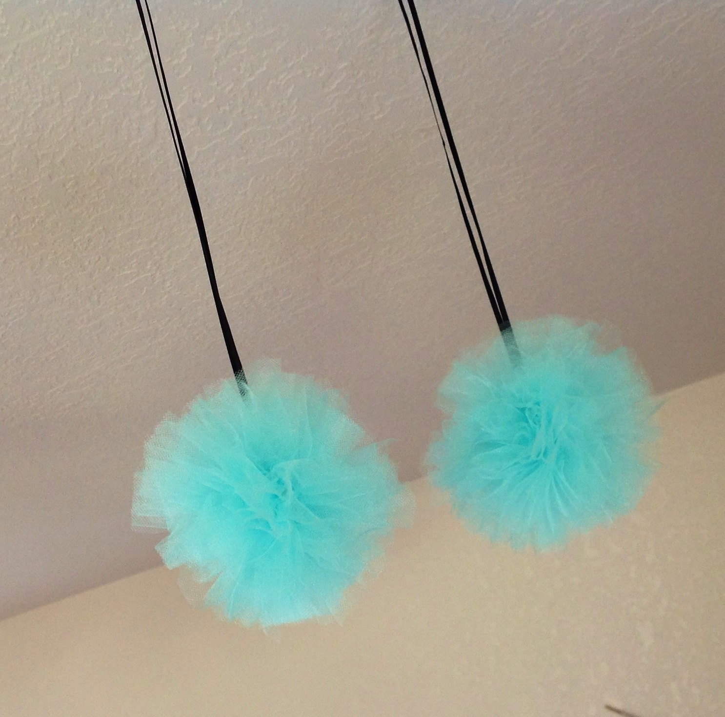 pom pom, Set of 2 Light blue blue 5 inch hanging tulle Pom Poms, bridal decor, home decor, party decorations