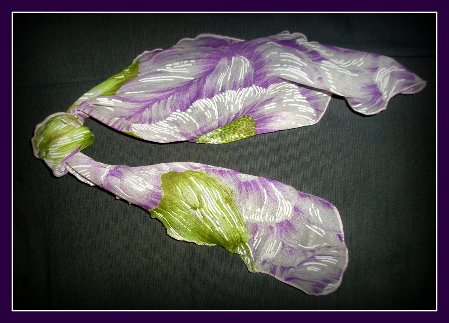 Vintage 70's PURPLE SCARF HAIR Tie ruffled hem, very pretty Gypsy, Boho Fashionable