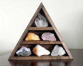 crystal and mineral stone collection in handmade triangle wood curio shelf