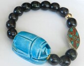 Black Pearl Bracelet, Blue Stone Scarab Bead, Blue & Red Turquoise Bead