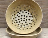 Berry Bowl Colander Set with Drip Plate. Handmade Pottery Strainer in Tan