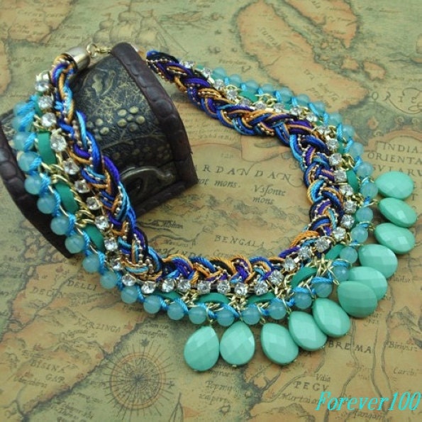 cute Turquoise resin necklace, fashion handmade bib Necklace/glitter Statement Bubble choker,bridesmaid gifts,unique Beaded  Jewelry torque