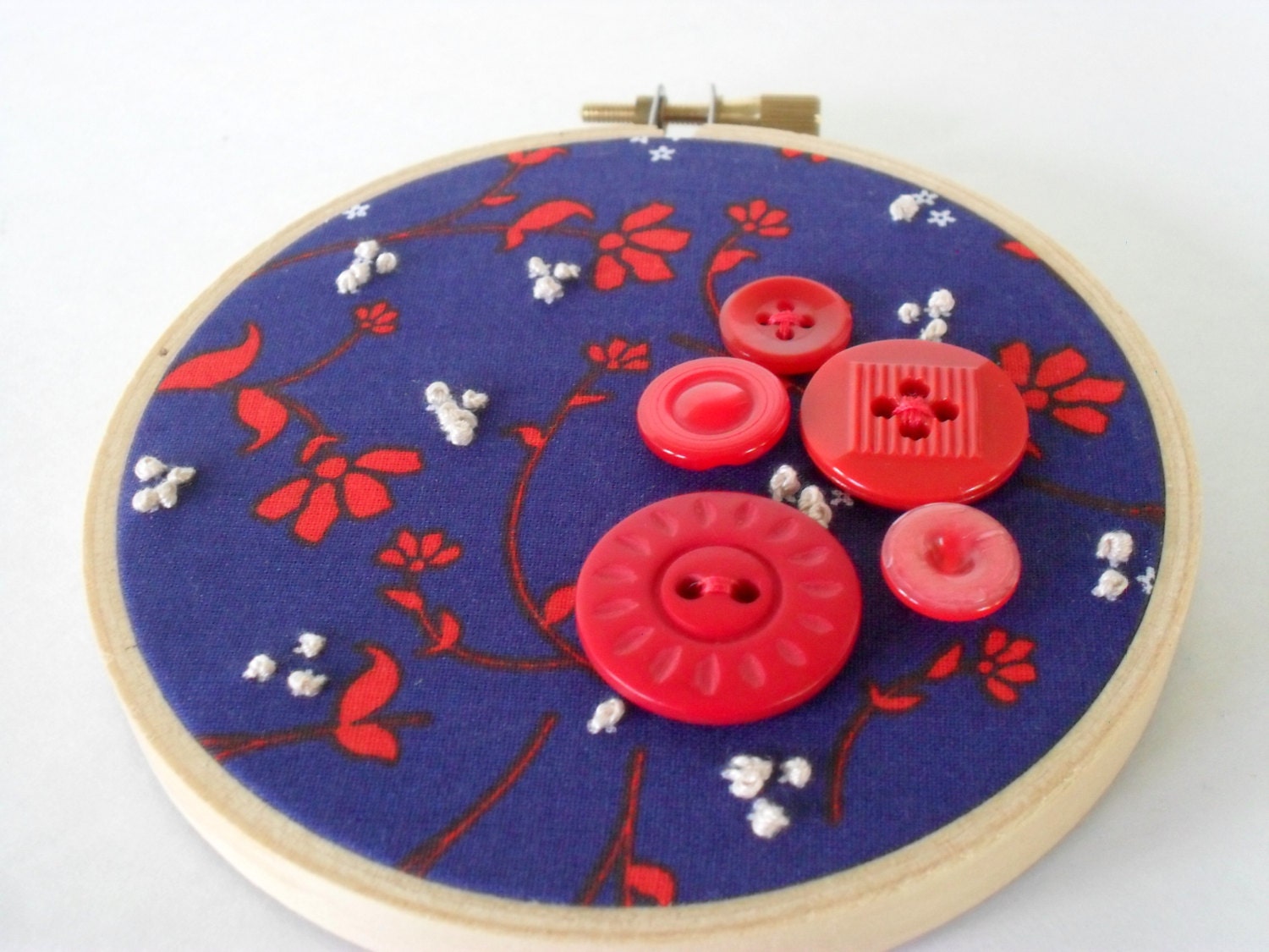 embroidered wall art home floral navy red floral wall hanging button art decor embroidery hoop art 4 inch hoop