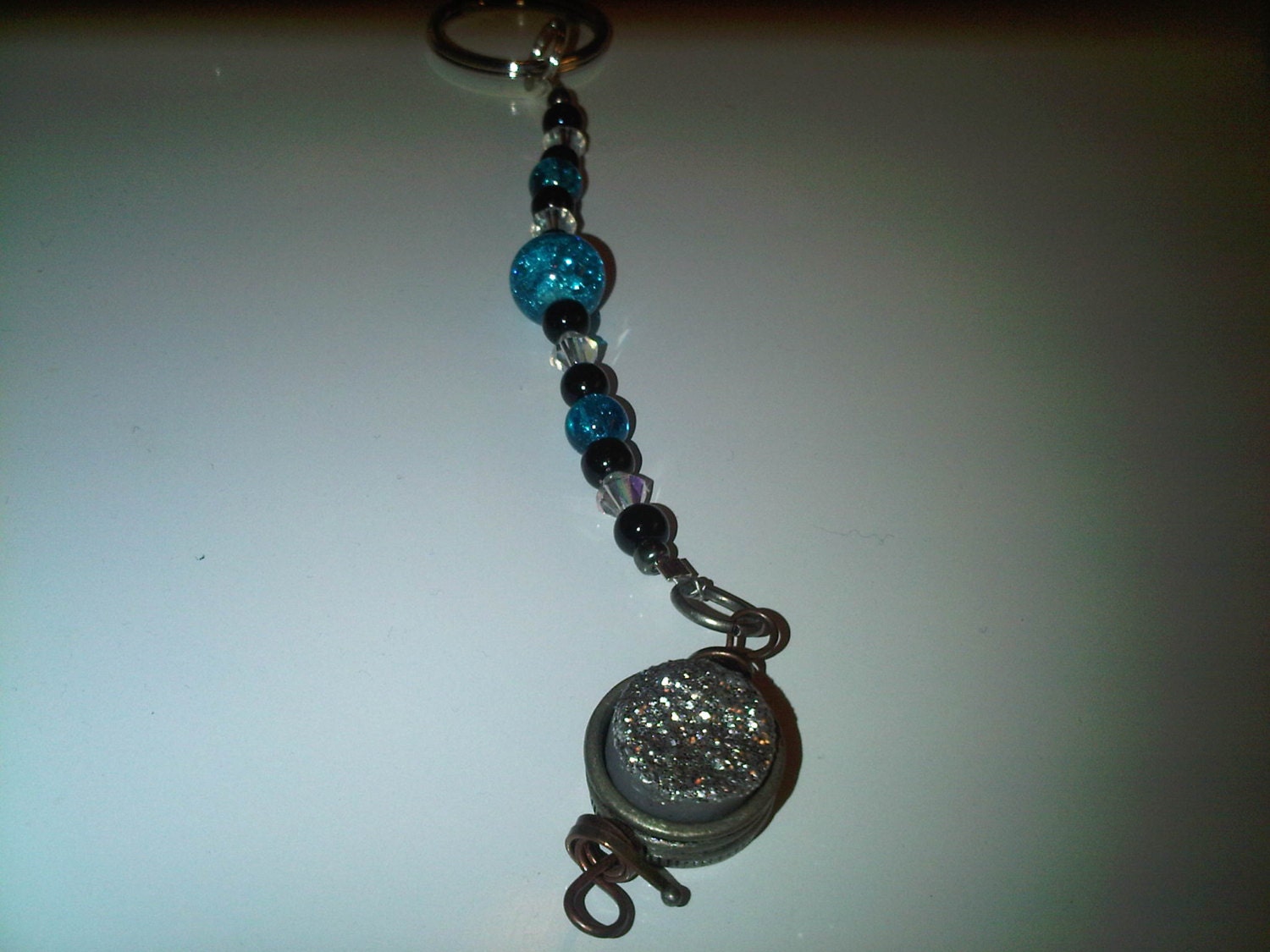 Black, Teal and Clear Beaded Keychain with Unique Sparkle Charm