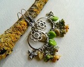 Handmade cluster flower earrings, Casual dangle earrings, Summer green earrings, Green and Antique Silver