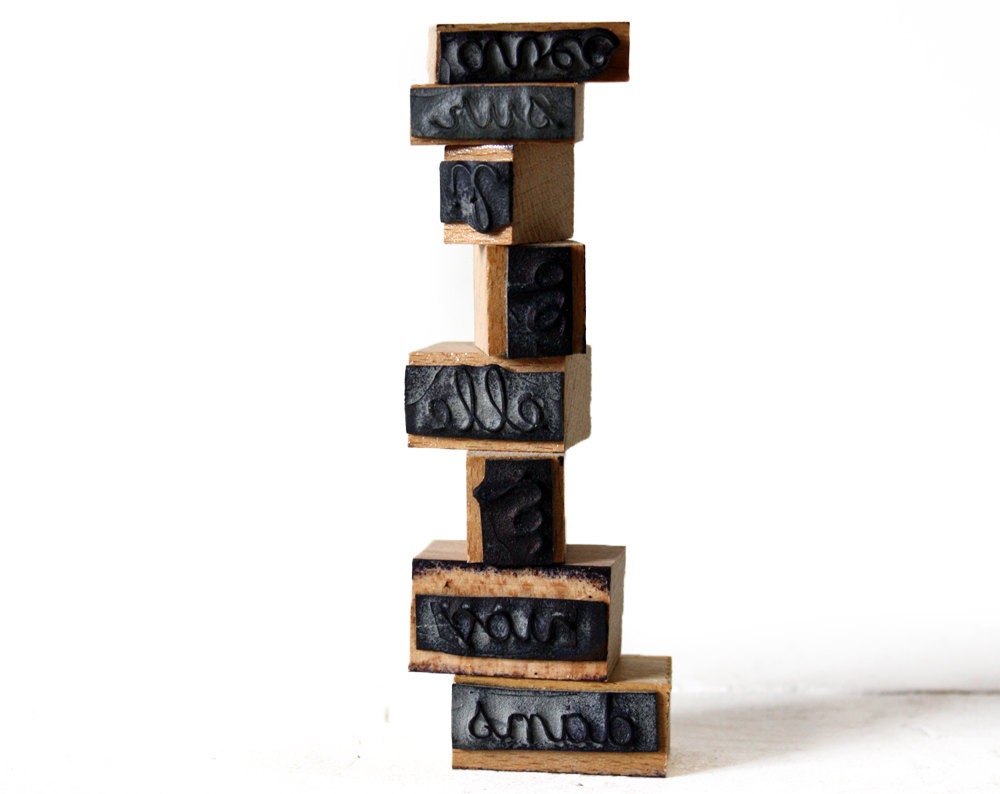 Lovely Vintage Box of 29 french WOODEN School Rubber STAMPS with WORDS