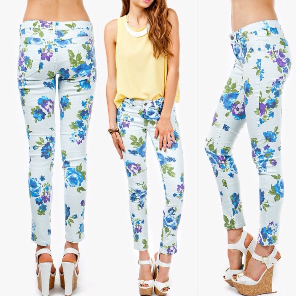 Blue Floral Skinny Jeans