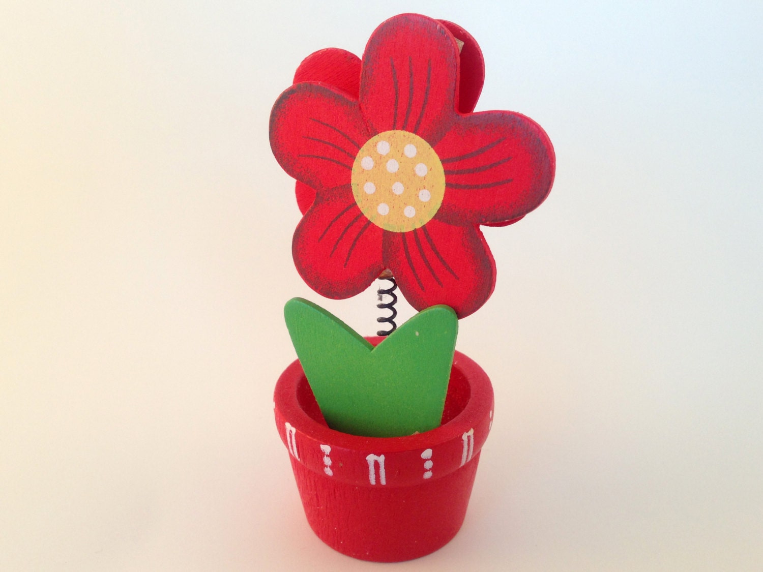 Wooden Handmade Flower Pot Photo Holder - Red With White Polka Dots - Card Holder, Paper Clip, Tag Holder Clamp,