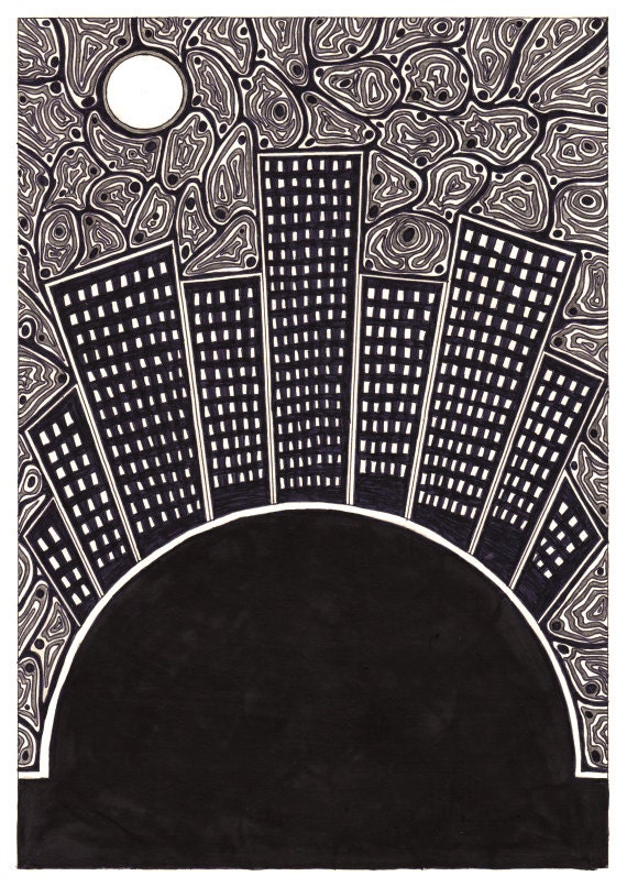 Abstract City Skyline Landscape Original Drawing - 8.3x11.7" (A4) Digital Art Print, Wall Decor, Illustration, Poster