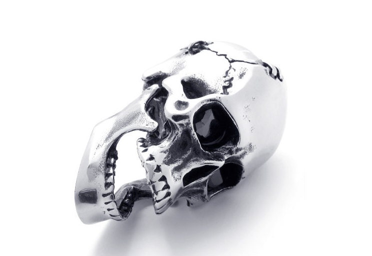 Stainless Steel Skull Replica Pendant with Movable Jaw, Rocker, Punk, Biker