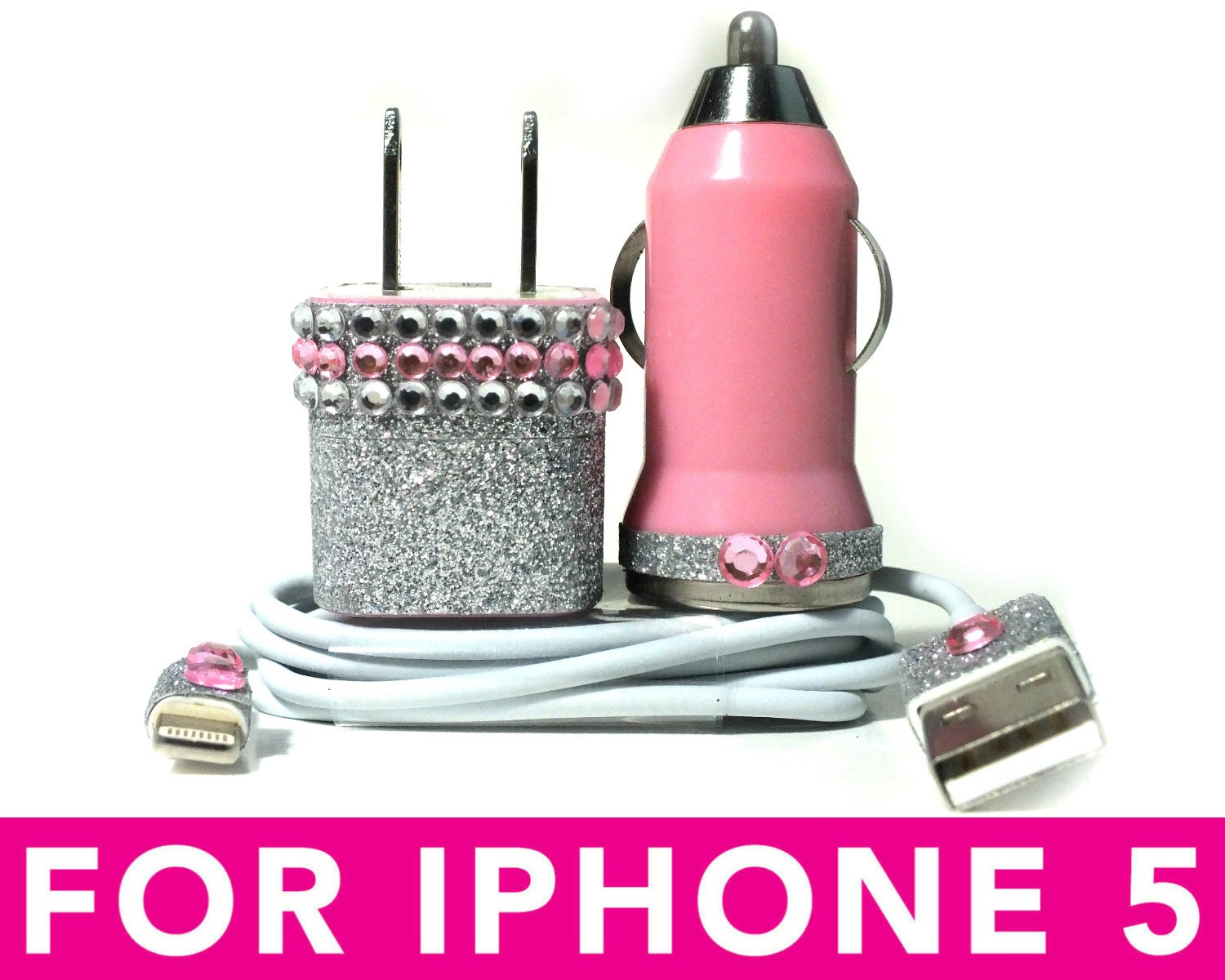 3-in-1 Set: Bejeweled with Silver Glitter - iPhone 5 Charger