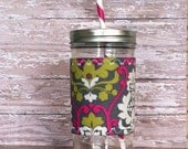 Mason Jar Cup 24 oz Pink and Grey Damask insulated Tumbler bpa Free Swirl Straw - Travel Mug Great Gift
