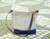 Denim/linen/peach lozenges - shoulder/messenger bag with leather strap - Mosaic Collection