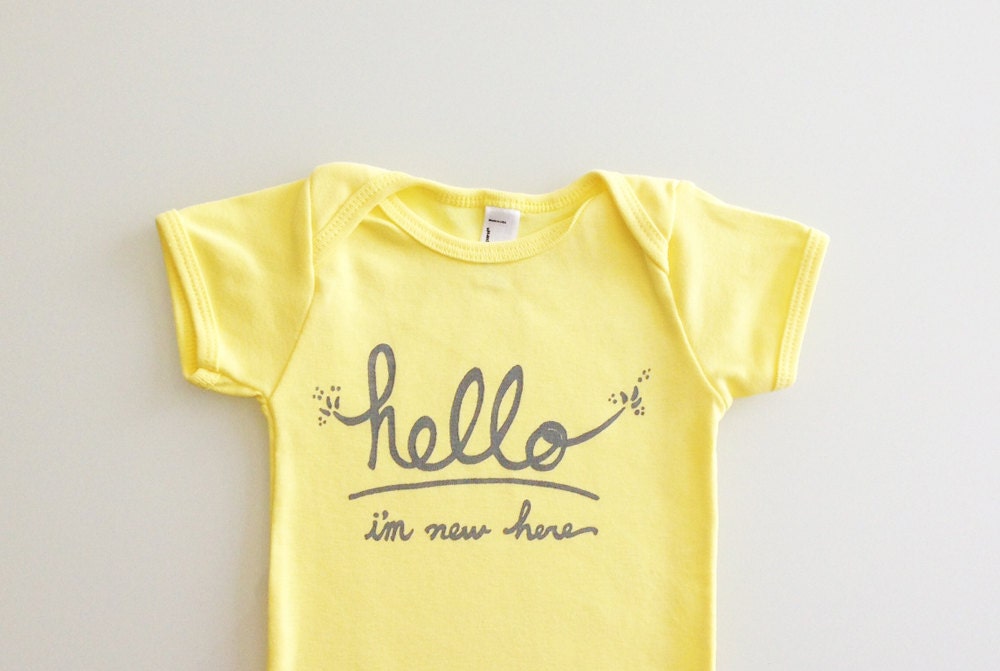 Hello I'm New Here - Funny text baby one piece (3-6 mo - buttercup)