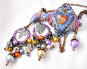 Inspirational Altered Metal Polymer Clay Mixed Media Winged Heart Lariat -  Joy -Blue Purple Pink Copper