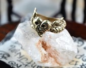 Memento Mori Ring Bronze Conjoined Winged Skulls Snake form a Heart