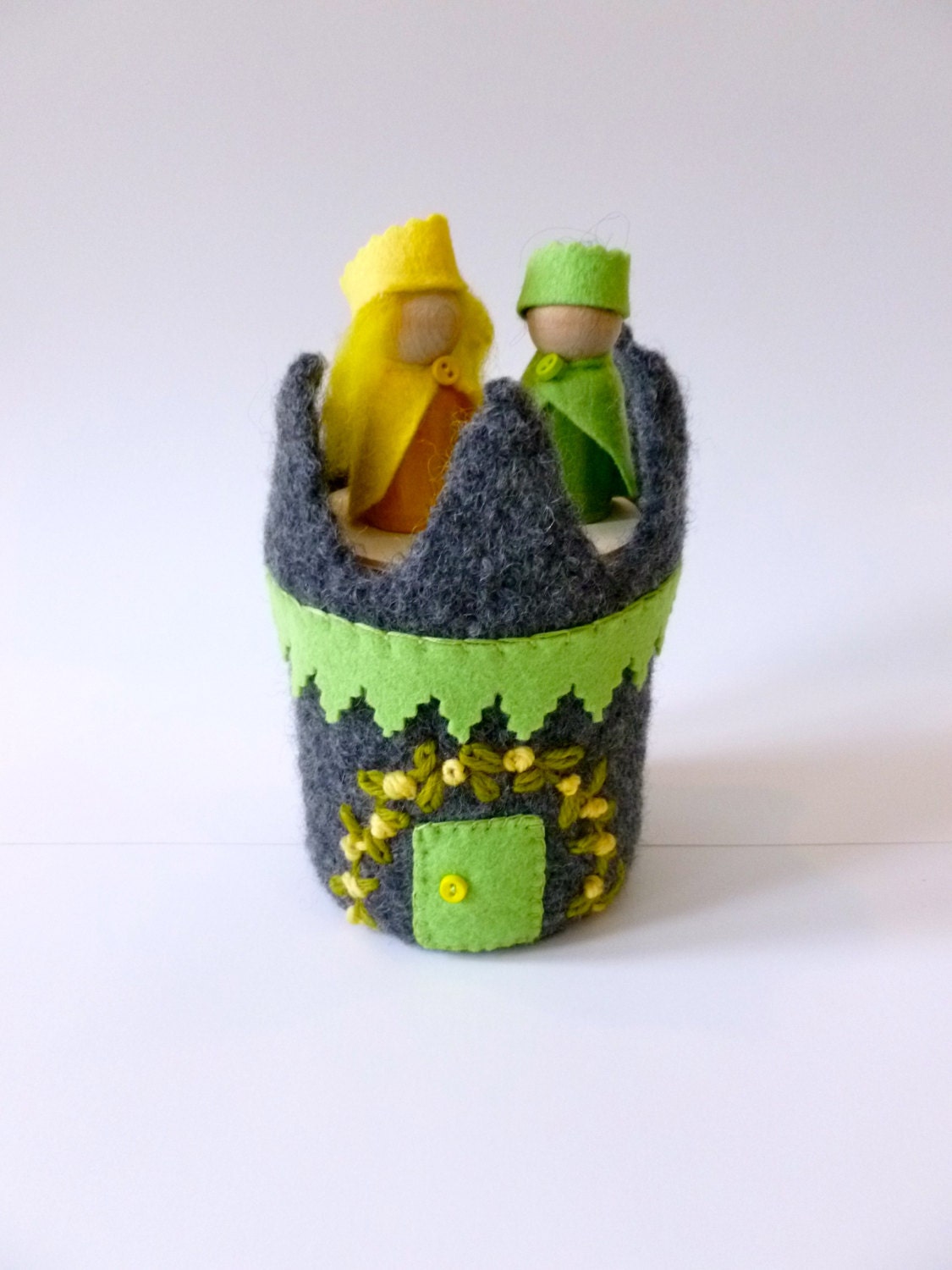 Felted wool castle tower with King and Queen dolls