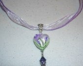Silver Glitter Purple Violet Green Lampwork Heart Glass Bead Choker Swarovski Crystal Pendant Organza Silk Necklace