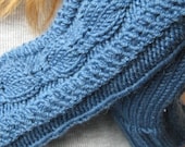 Knit Cabled Fingerless Mittens in Blue Wool