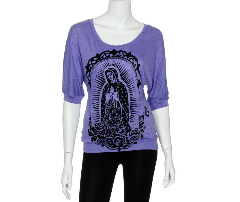 Lavender Purple Half Sleeve Soft Speckle Top with Our Lady Screen Print - XS