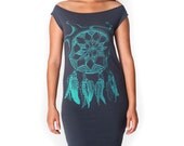 Charcoal Gray Dress with Aqua Dreamcatcher Hand Screenprint - S,M,L