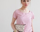 Charcoal Dots Clutch, Hand Printed Canvas, Leather Details