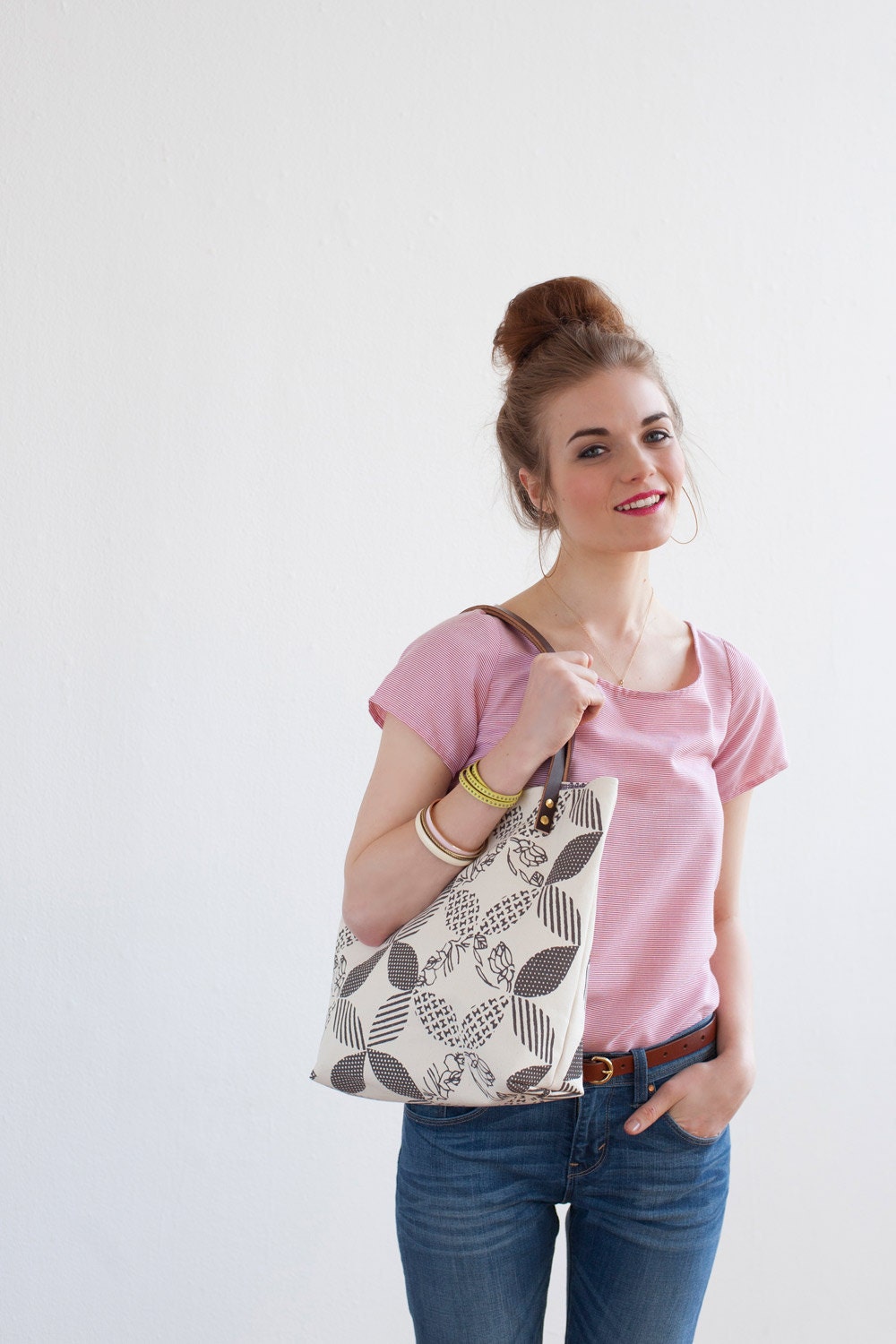 Double Wedding Ring Tote Bag in Charcoal, Hand Printed Canvas, Leather Straps
