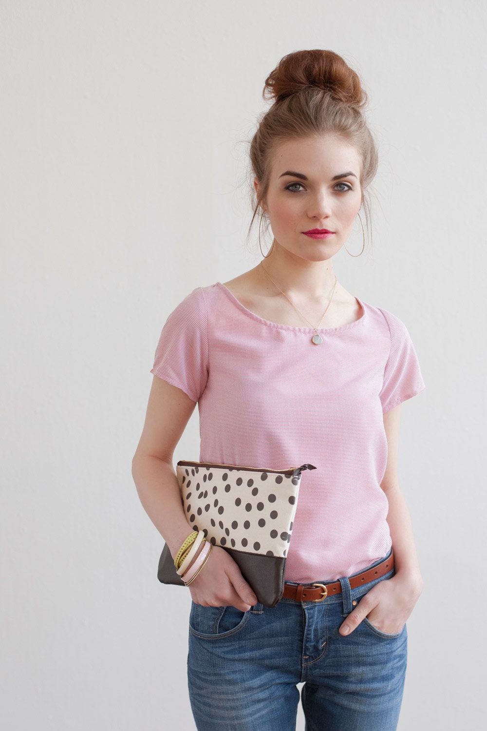 Charcoal Dots Clutch, Hand Printed Canvas, Leather Details