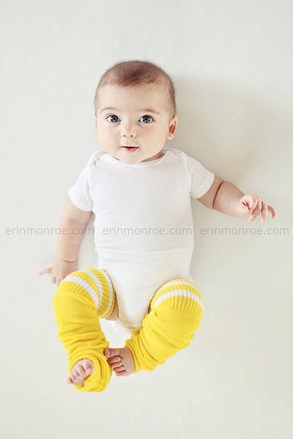 Baby Leg Warmers and Toddler Leg Warmers crawler socks  - free shipping - yellow with two white stripes