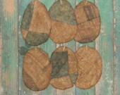 Primitive Easter Egg Ornaments - Grungy Tattered Egg Ornies - blue white antique quilt - small - set of 6