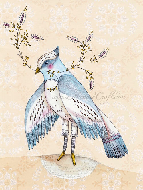Bird blue jay whimsical spring folk art print, "The Blue Jay"