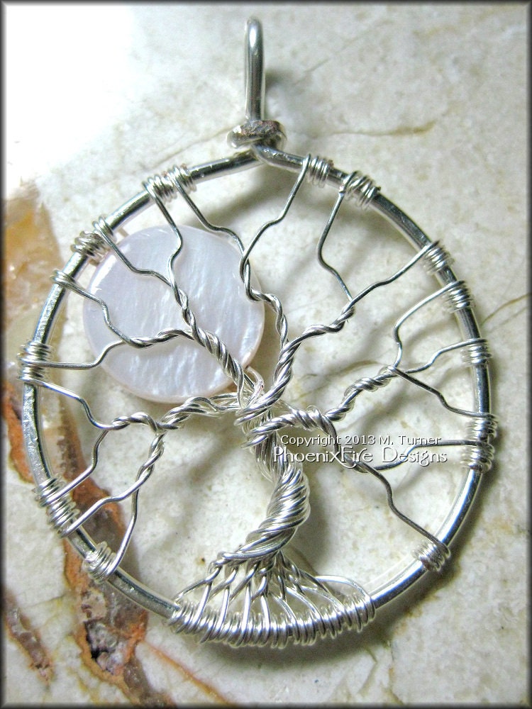 Small Full Moon Tree of Life Pendant Sterling Silver Wire with White Pearl Shell Moon Luna Lunar