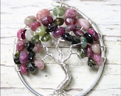 Watermelon Tourmaline Tree of Life Pendant Multi Color Gemstone Wire Wrapped Sterling Silver