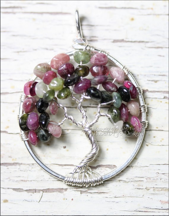 Watermelon Tourmaline Tree of Life Pendant Multi Color Gemstone Wire Wrapped Sterling Silver