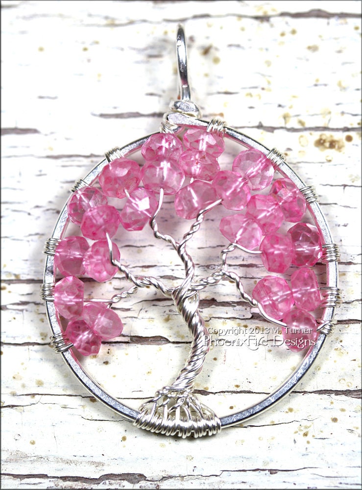 Tree of Hope - Pink Topaz Tree of Life Pendantin Sterling Silver Wire Wrapped Breast Cancer Awareness
