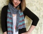 Screen printed Jersey Scarf-Heather Gray with Aqua and Red Chevron Print