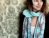 Screen Printed Jersey Scarf- Light Blue with Red Wallpaper Motif