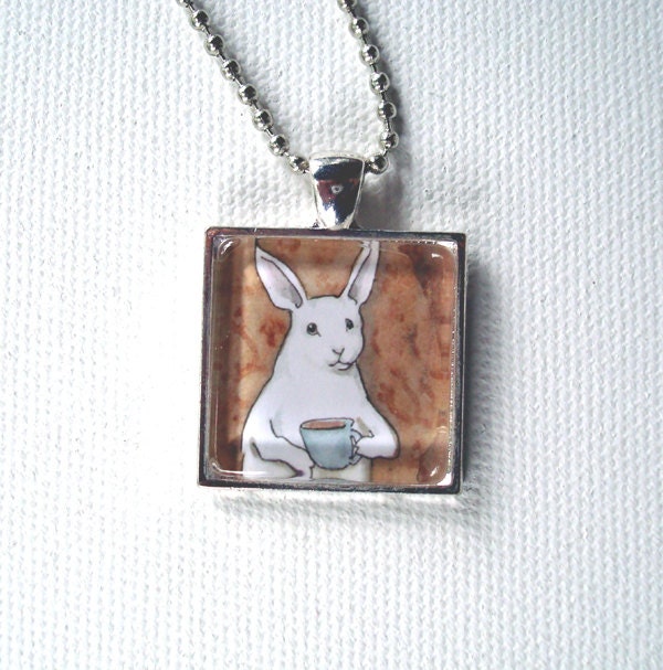 Bunny with a Cup of Coffee - Square Pendant - Unique Rabbit Necklace