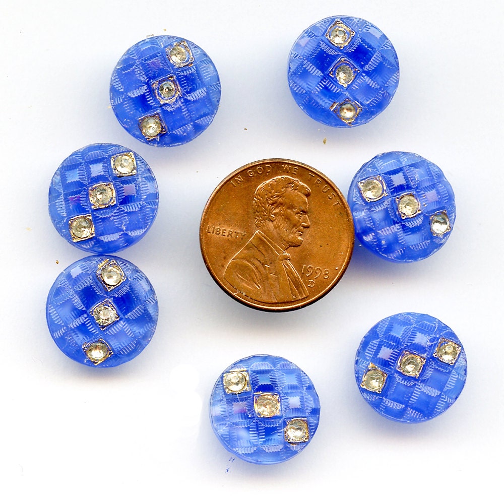 BLUE Moonglow RHINESTONES Buttons With Gold Luster Set of 7  Glass 9/16inch size 8009