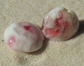 Lampwork Lentil Pair, Pink White, Handmade SRA LETEAM Glassymom