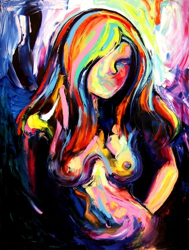 Figure painting abstract nude oil on canvas by Aja huge 3x4 feet Reticent