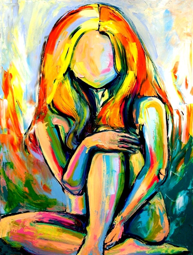 Figure painting abstract nude oil on canvas by Aja huge 30x40 inches Femme 301