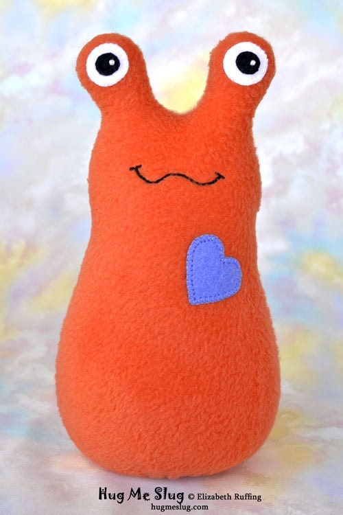 Handmade Slug, Stuffed Animal Plush Doll Kids Baby Art Toy, Hug Me Slug, Personalized Tag, Orange, Cobalt Blue Fleece, 9 inch, Ready-made