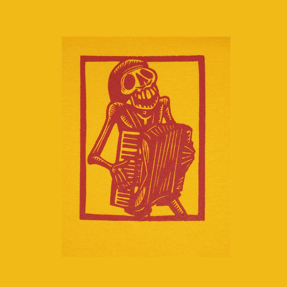Skeleton Accordionist Calavera Bones Tshirt, M, L