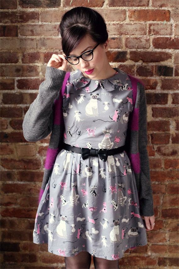 cotton cat print petal collar dress Supayana- READY TO SHIP